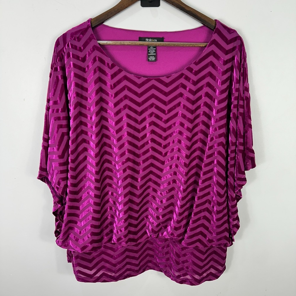 Style & Co Woman 0X Purple Chevron Velvet Burnout Y2K Blouse Plus Size Party Top